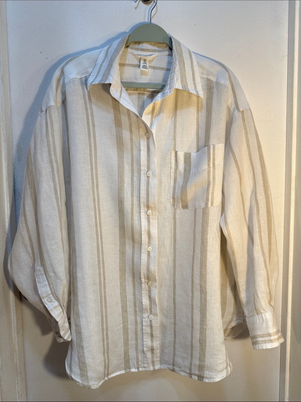 H&M women’s Beige & White Striped Button-Down Shirt